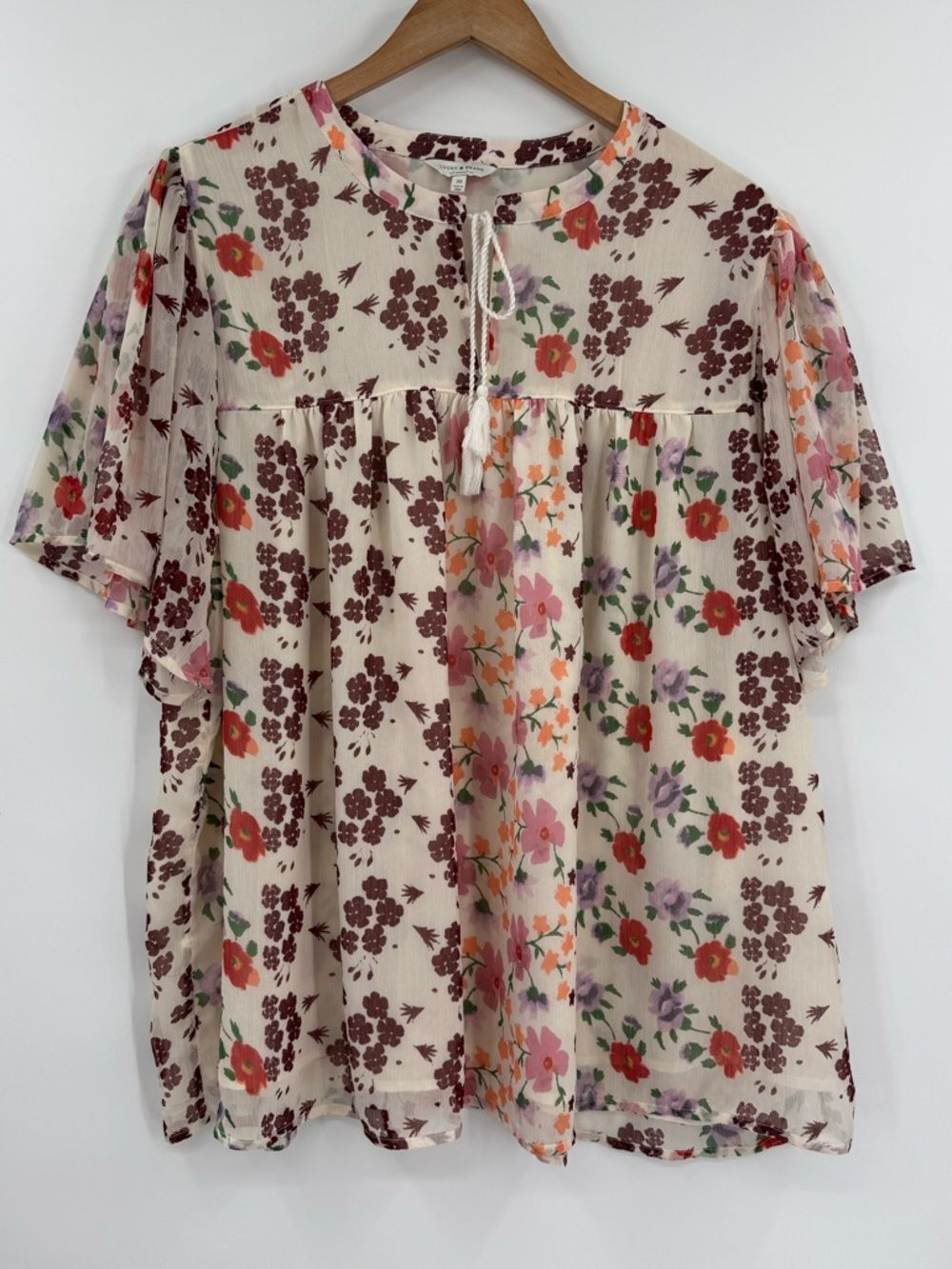 Lucky Brand Floral Print Babydoll Peasant Top with Tassels | Cream Multi | 3X